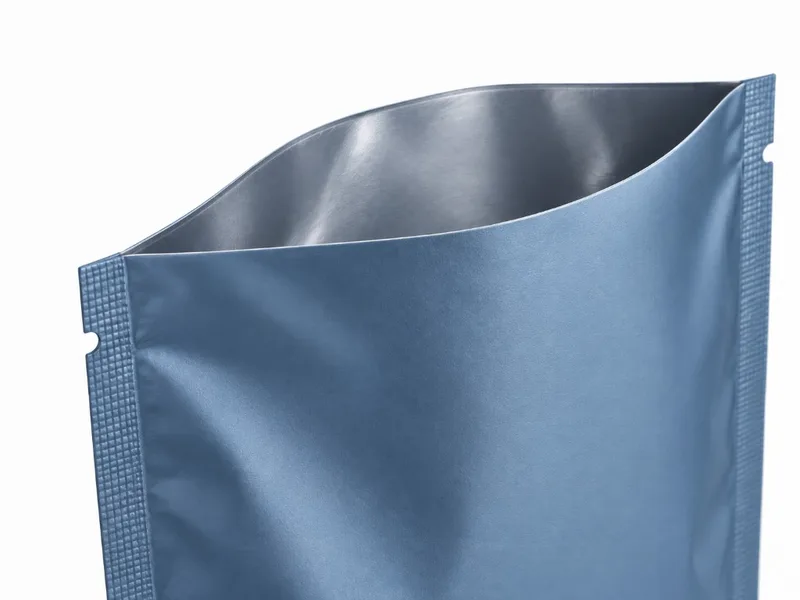 Open filling edge of a 3 side seal pouch showing the area used for filling before final heat sealing.