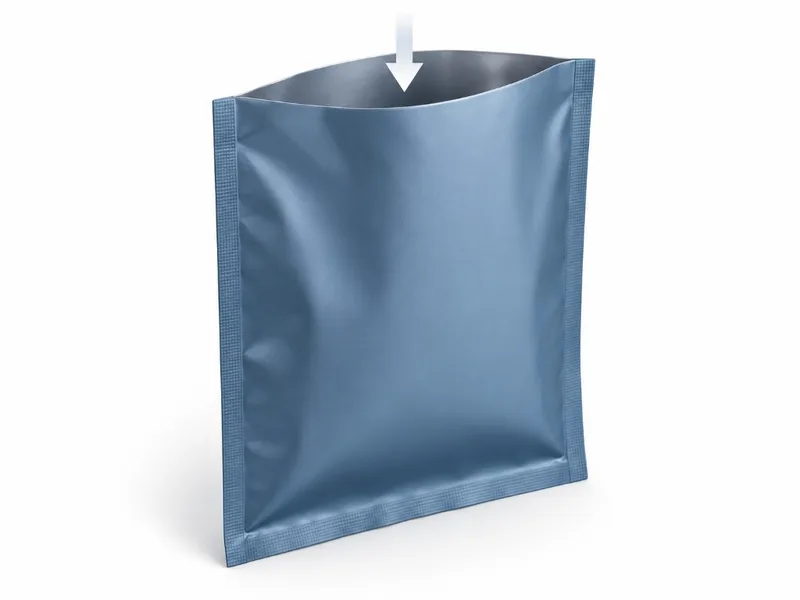 3 side seal pouch showing the open filling edge before the pouch is closed after product filling.