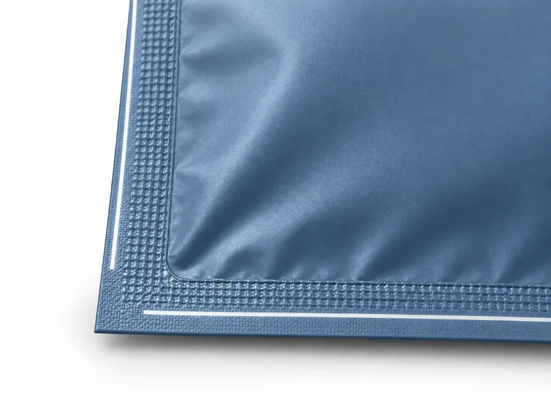 Close-up of a 3 side seal pouch showing the sealed side and end edges that form the pouch perimeter.