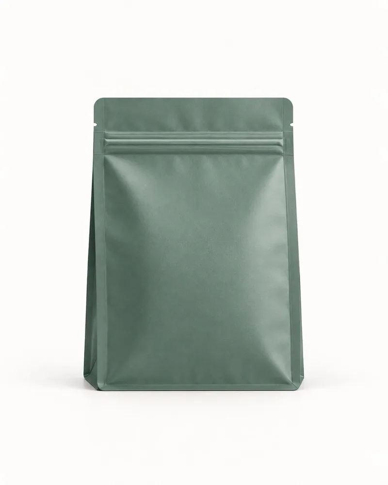Back view of a flat bottom bag showing the rear panel for product and regulatory information