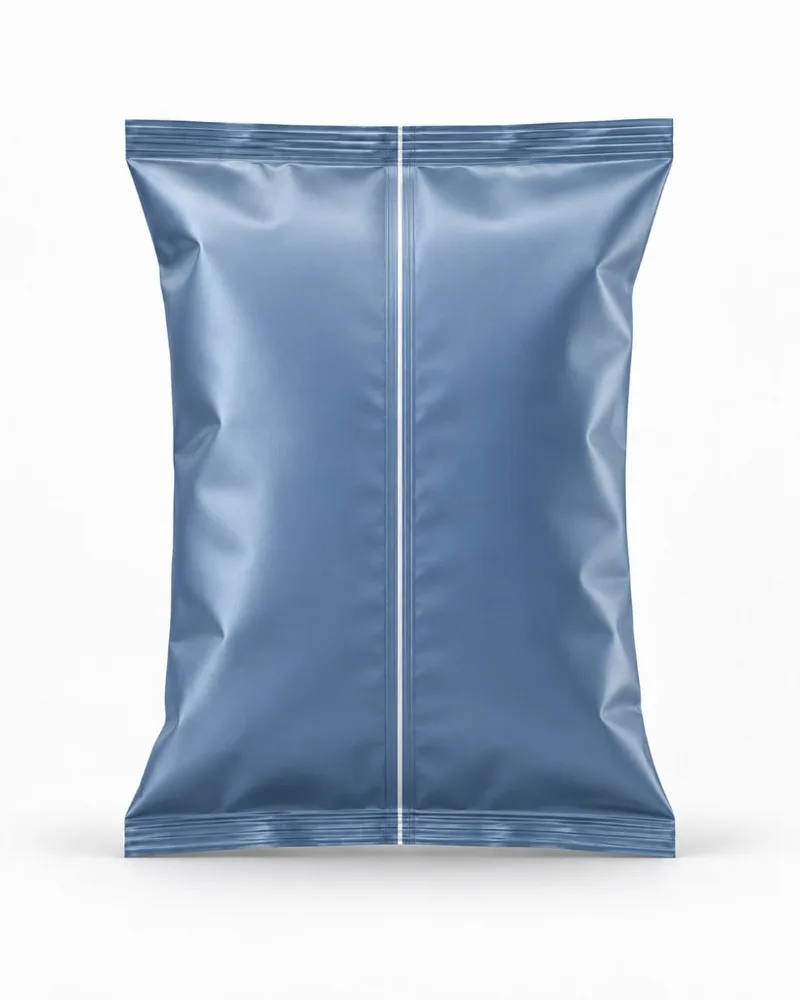 Back panel of a back seal bag showing the rear seam area used around ingredients, directions and barcode information.