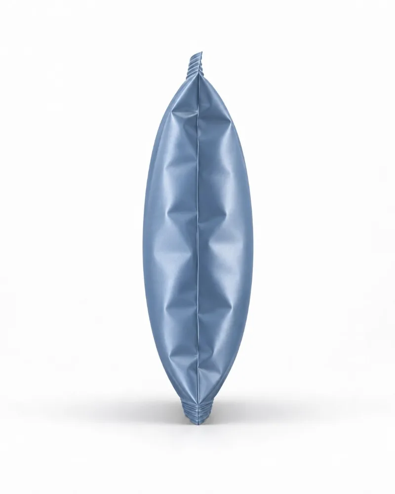 Filled back seal bag showing the rounded pillow-shaped profile created without a gusset or flat base.