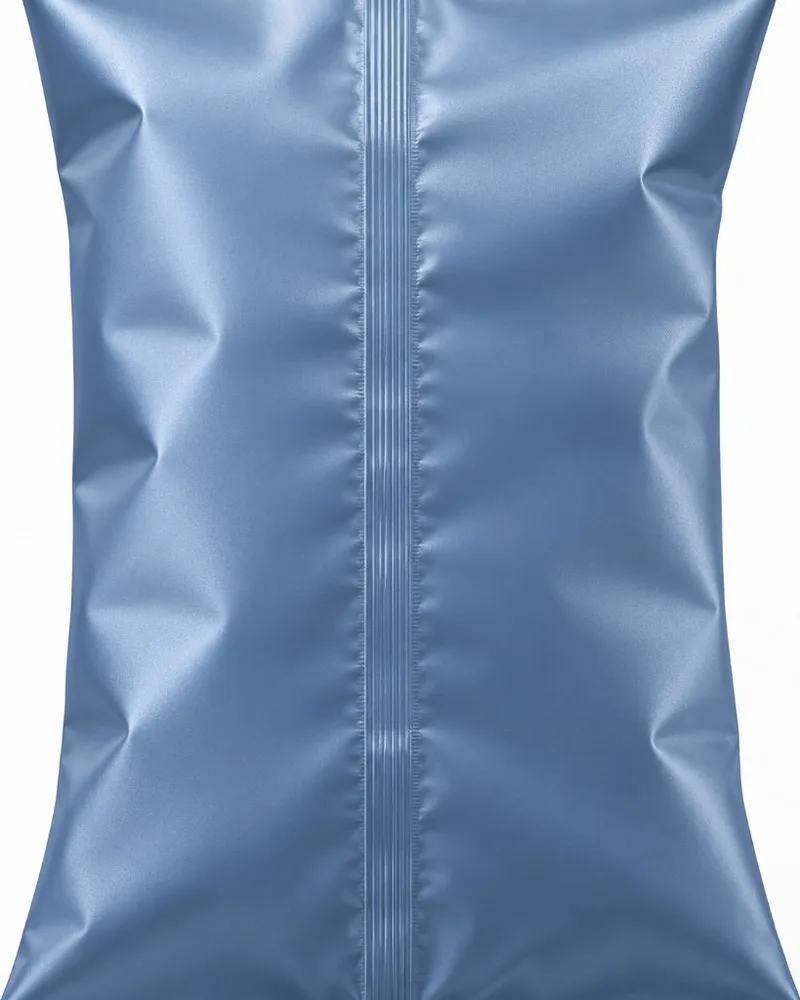 Close-up of the rear longitudinal seam joining the film edges along the back of the bag.