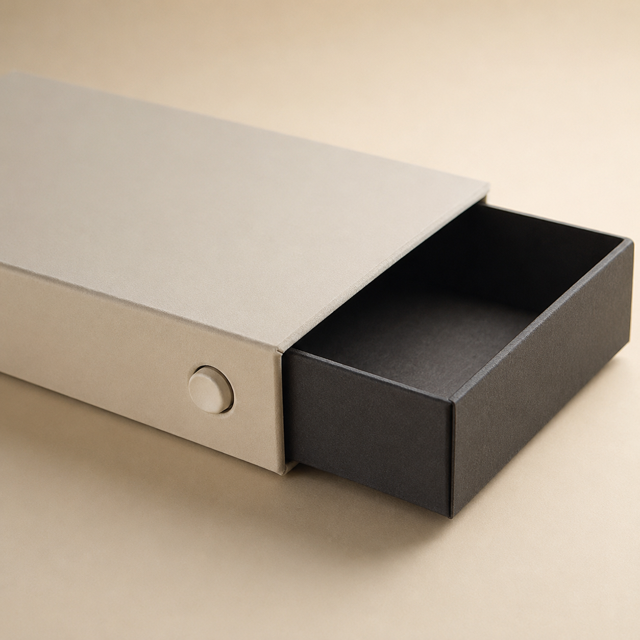 Drawer box with a child-resistant press-and-slide button closure.