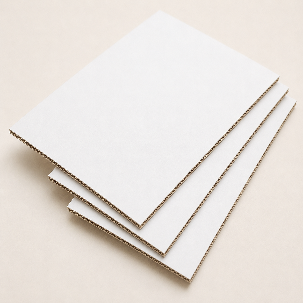 White-faced corrugated board sheets with visible fluted paper edges.