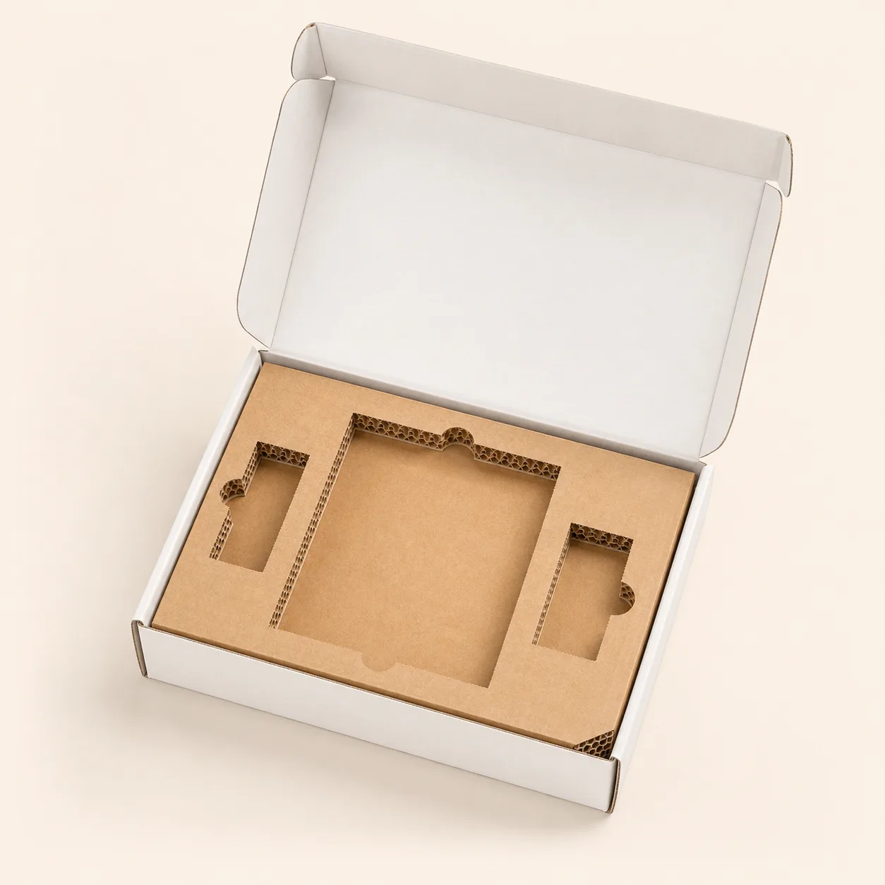 Open mailer box with fitted die-cut corrugated inserts and visible fluted edges.