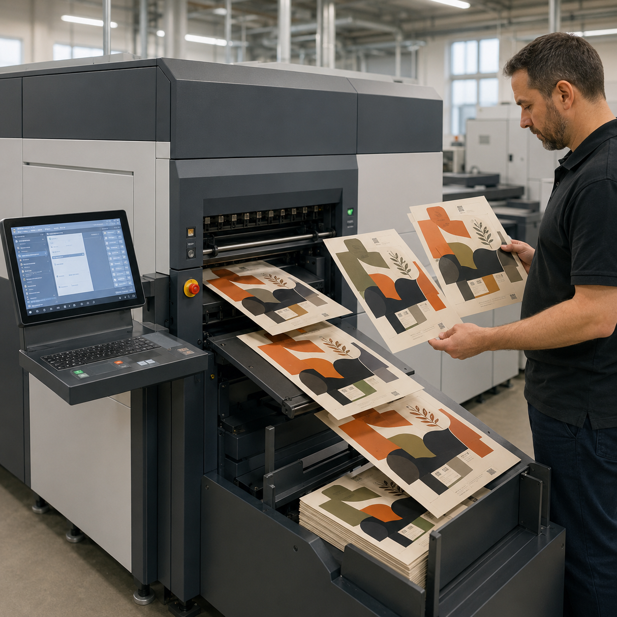 Industrial digital press producing custom printed packaging sheets
