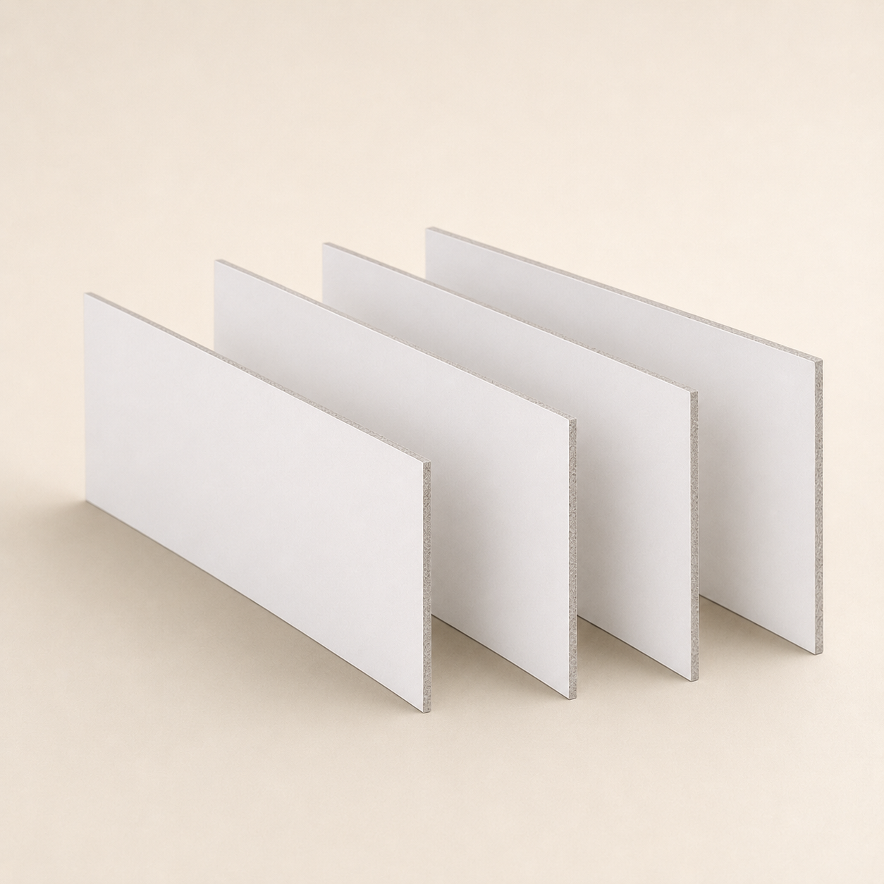 Four white-coated duplex board sheets with grey cores in different thicknesses