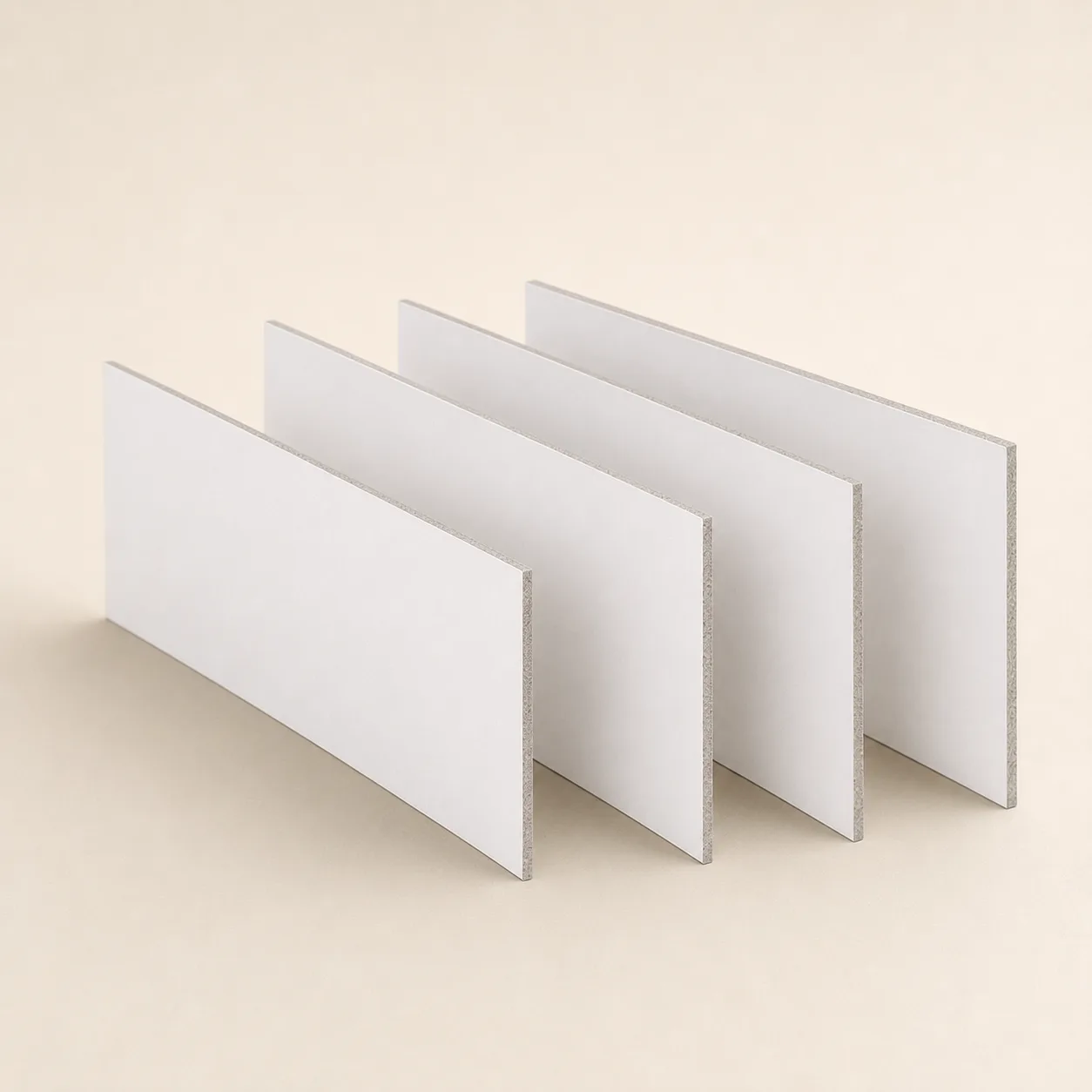 Four white-coated duplex board sheets with grey cores in different thicknesses