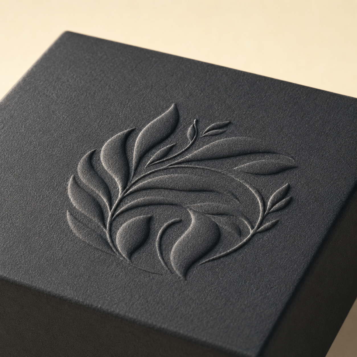 Raised embossed botanical design on a black custom packaging box.