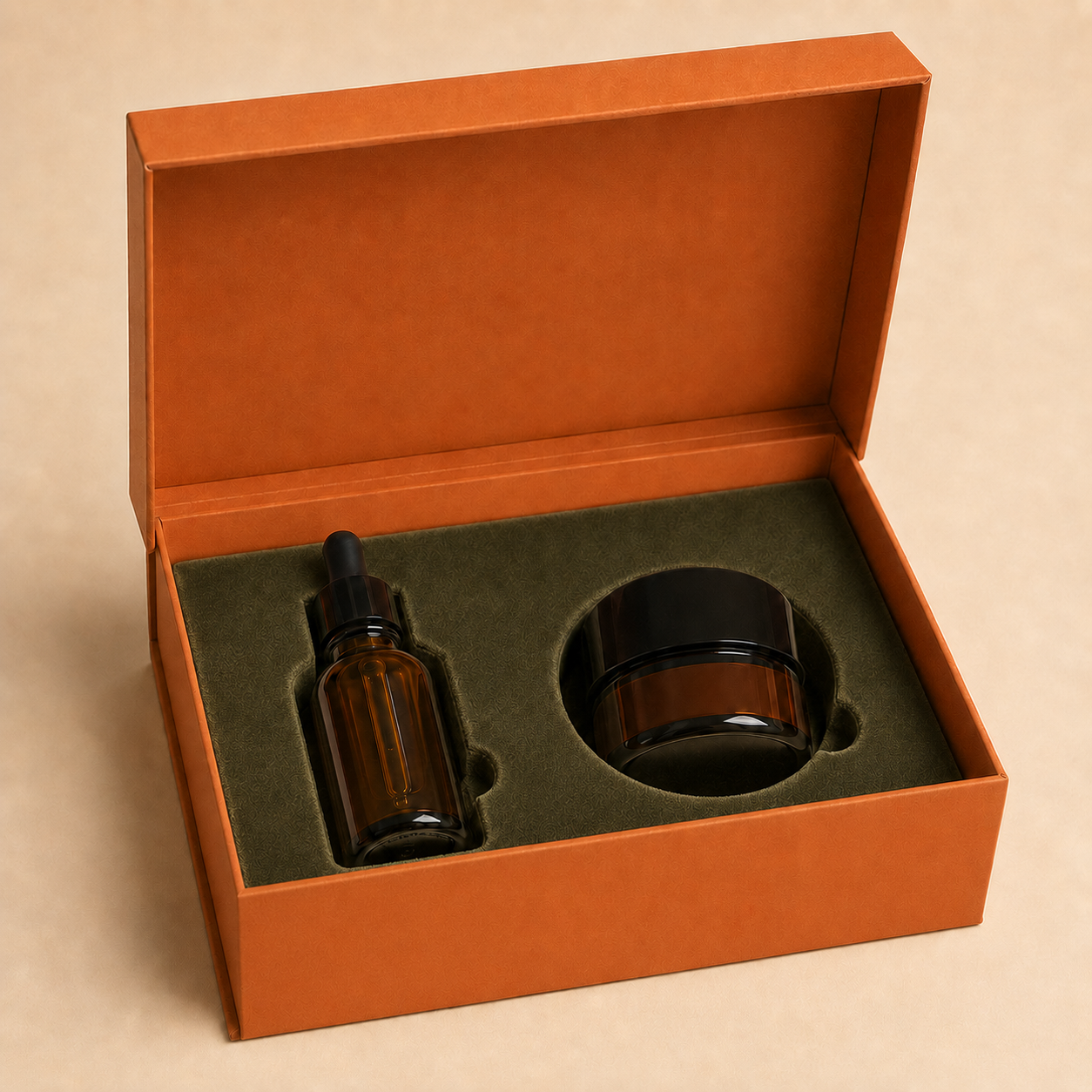 Olive velvet-lined foam insert holding two cosmetic products.