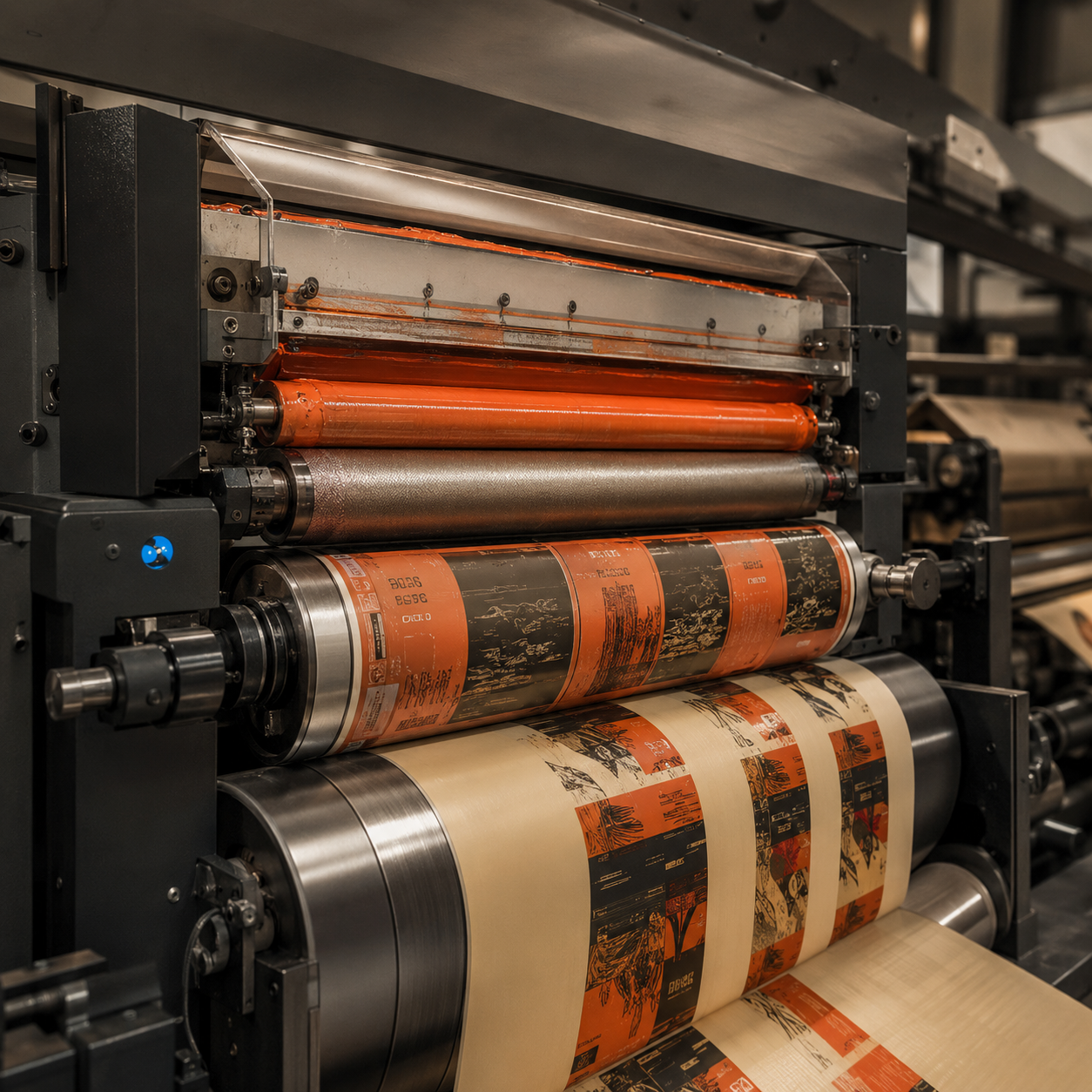 Flexographic press printing repeating packaging graphics onto a continuous material roll.