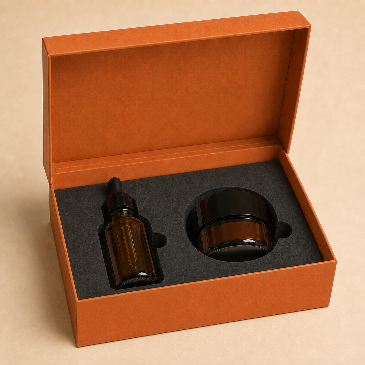 Precision-cut black foam insert securing an amber bottle and cosmetic jar.