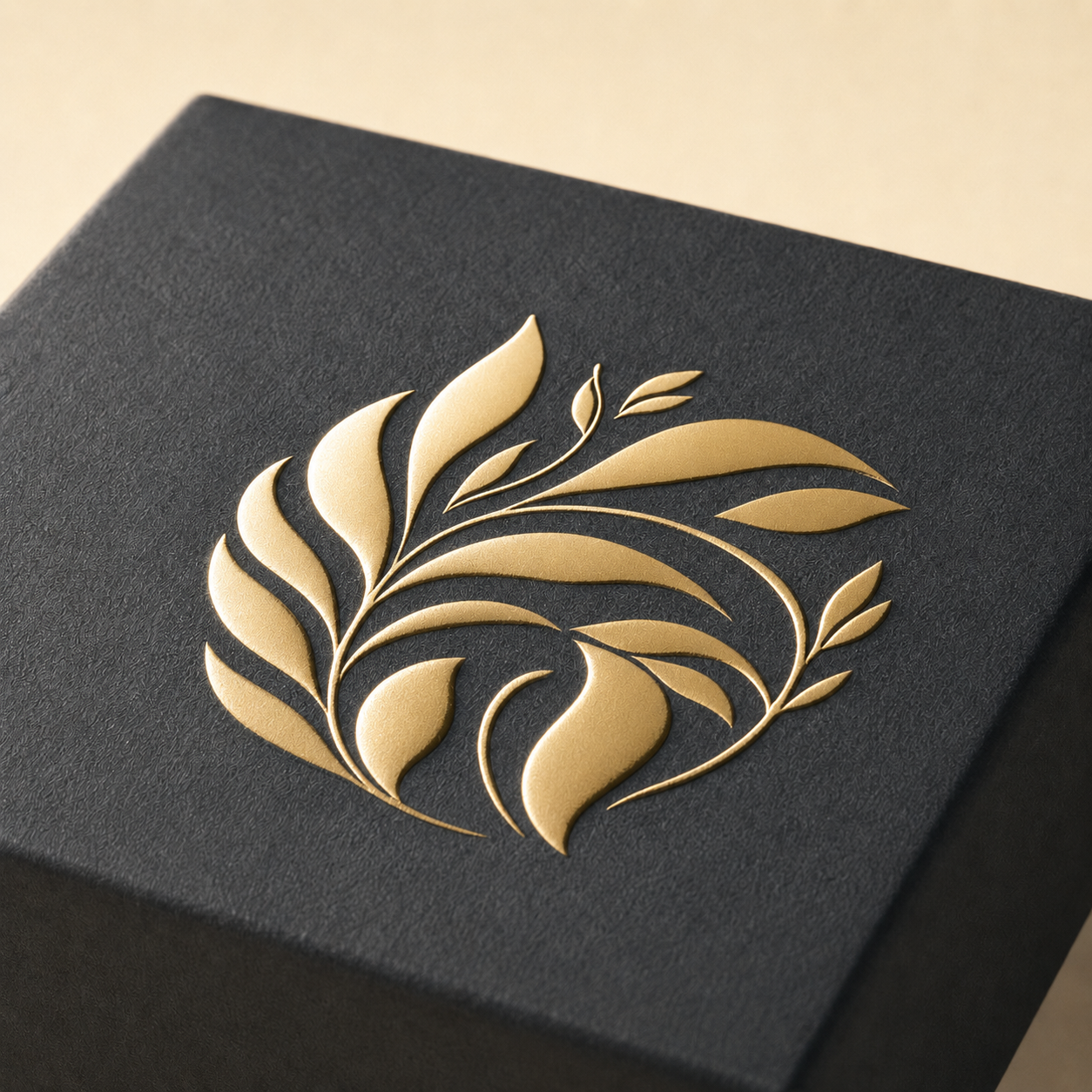 Gold foil-stamped botanical design on a black packaging box.