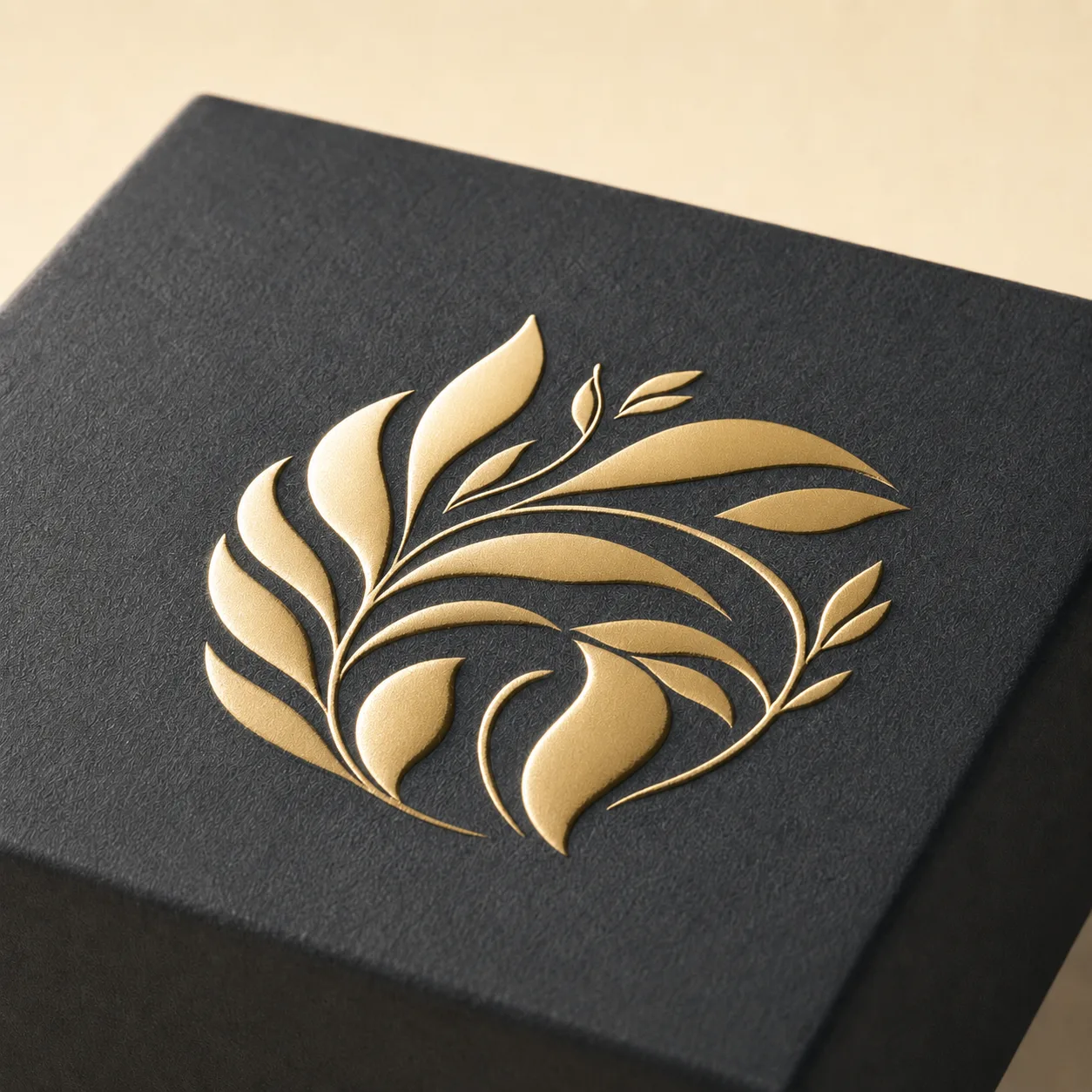 Gold foil-stamped botanical design on a black packaging box.