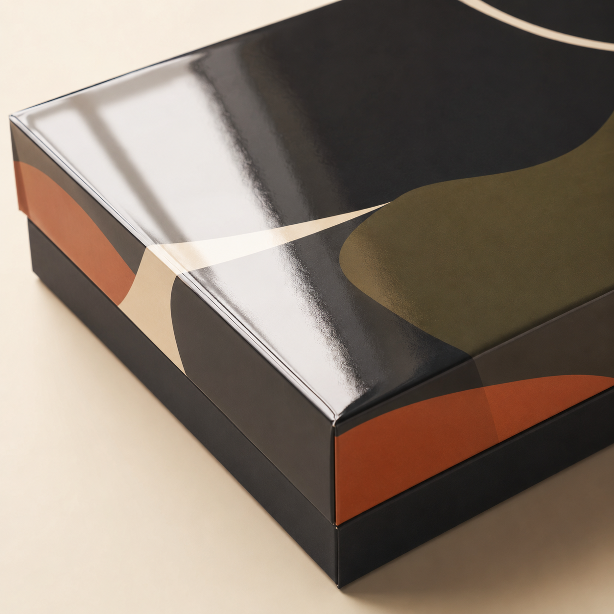 Close-up of a printed custom box with reflective gloss lamination