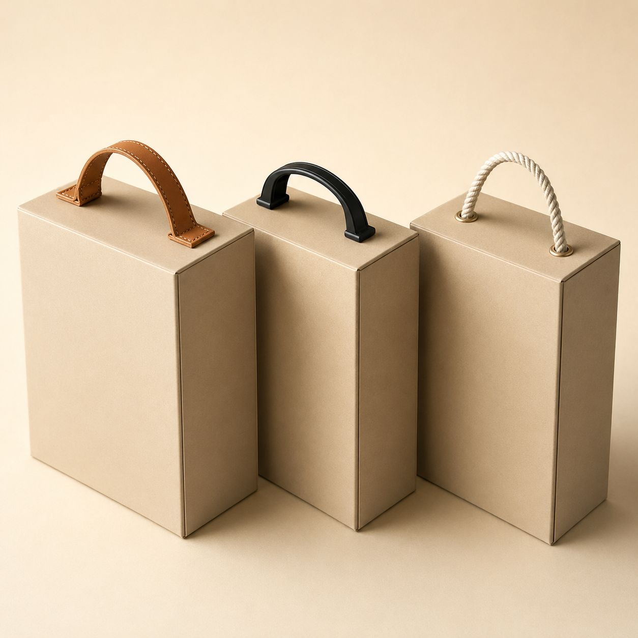 Rigid packaging with leather, plastic, and twisted rope handle options.