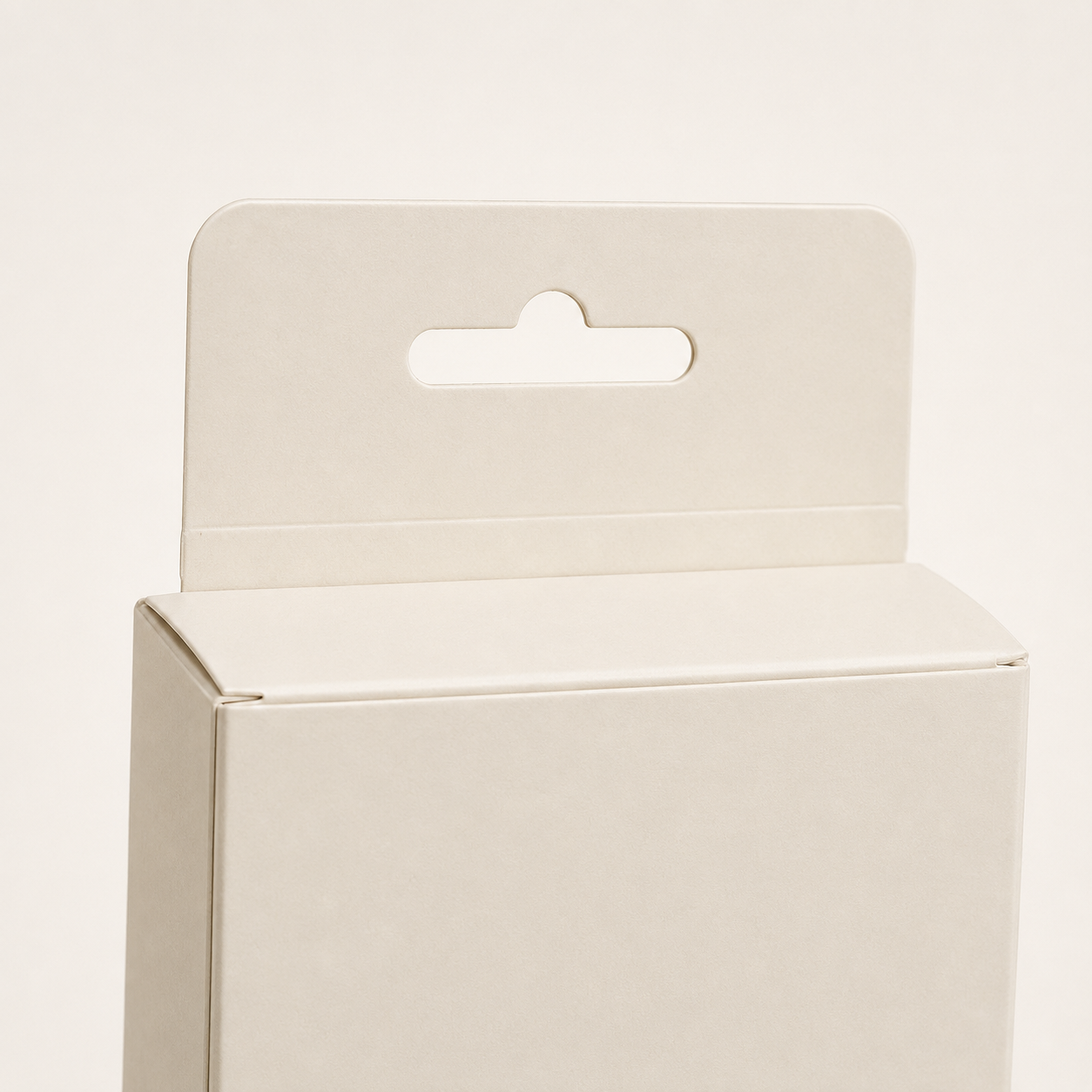 Tuck box with an integrated paperboard hang tab and Euro slot.