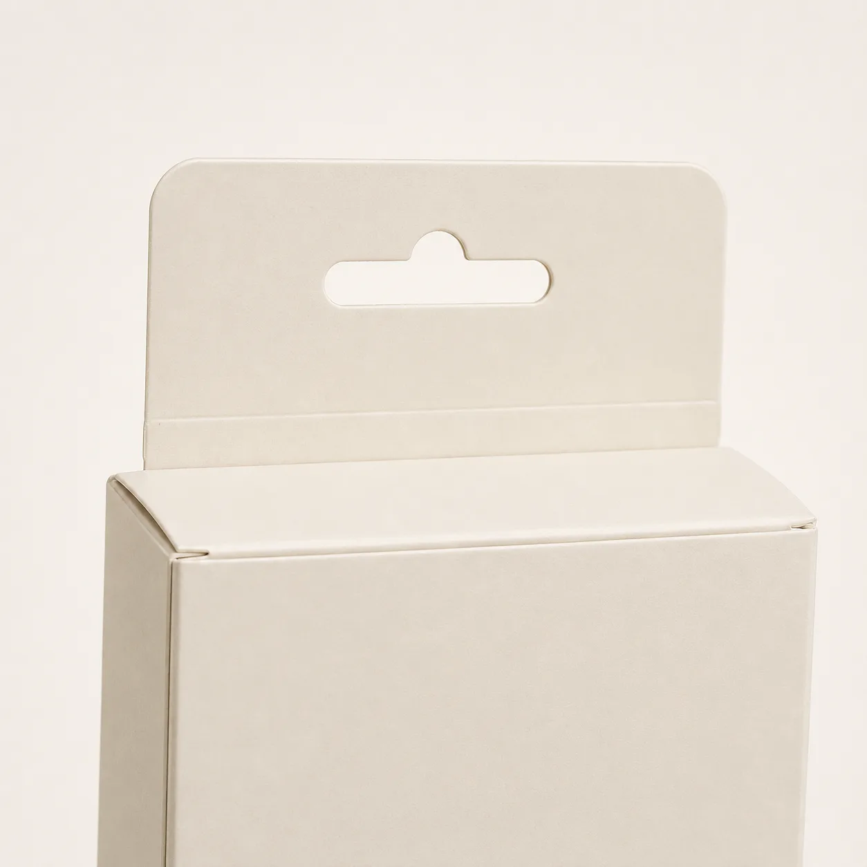 Tuck box with an integrated paperboard hang tab and Euro slot.