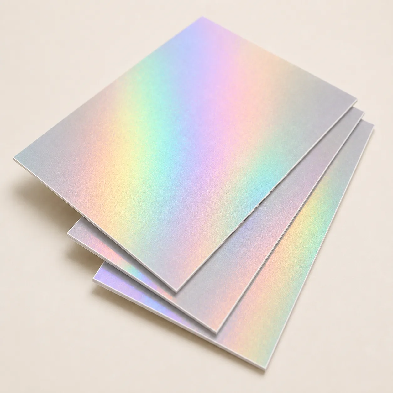 Thin holographic cardstock sheets with a rainbow-reflective surface.