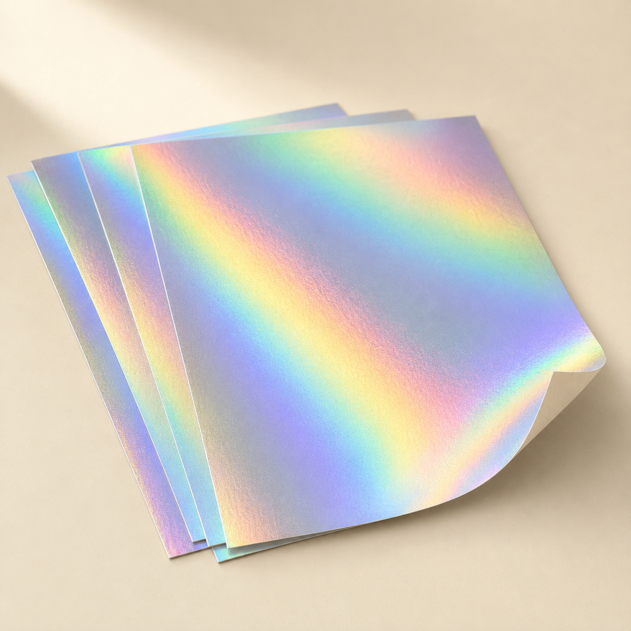 Rainbow-reflective holographic paper sheets for rigid box wrapping
