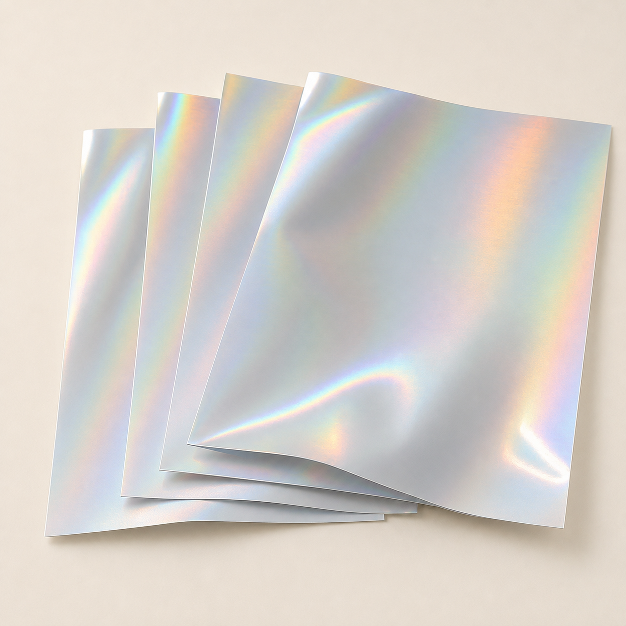 Rainbow-reflective holographic PET film sheets for custom pouches.