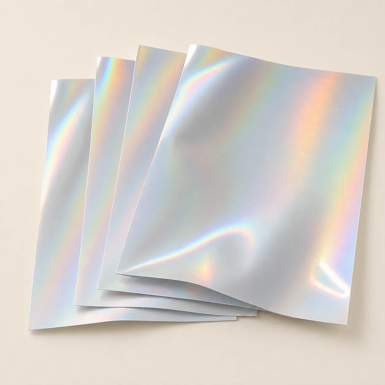 Rainbow-reflective holographic PET film sheets for custom pouches.
