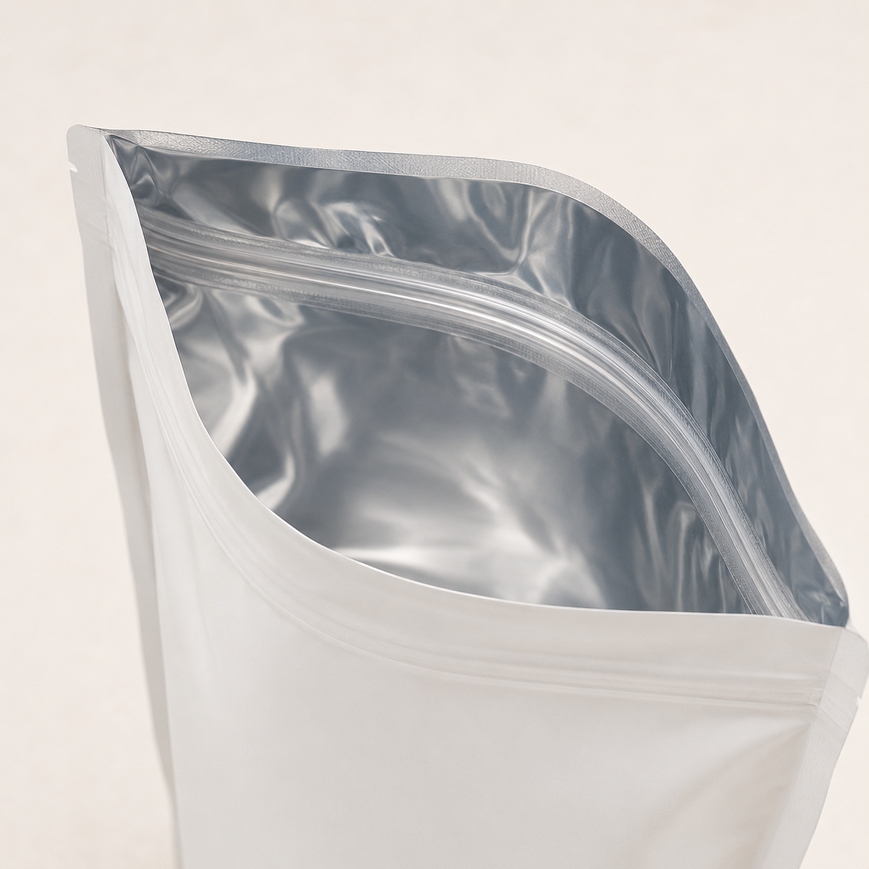 Open Mylar bag showing reflective aluminum foil laminated inside.