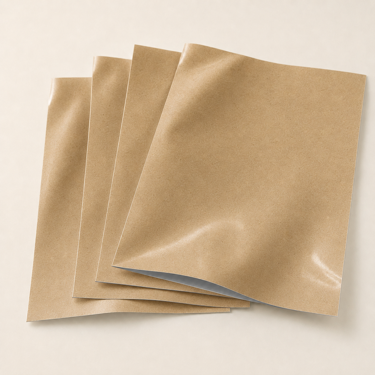 Flexible kraft paper laminate sheets with a silver barrier layer.