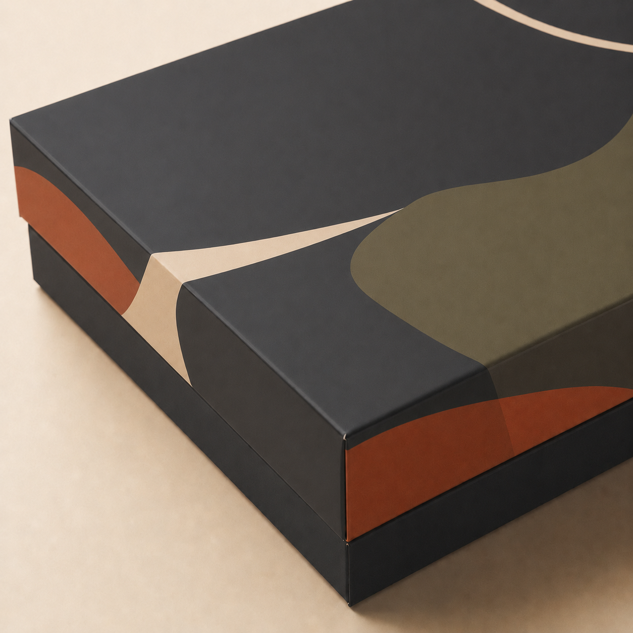 Close-up of a printed custom box with low-glare matte lamination