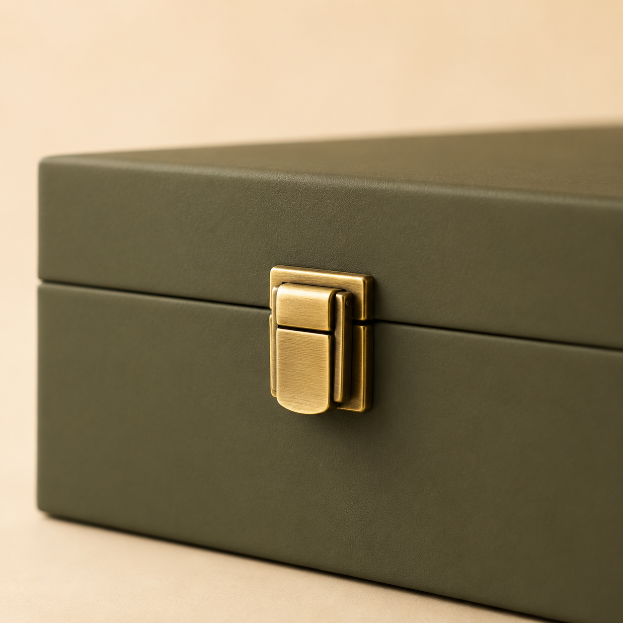Olive rigid box with a fitted brass metal clasp closure.
