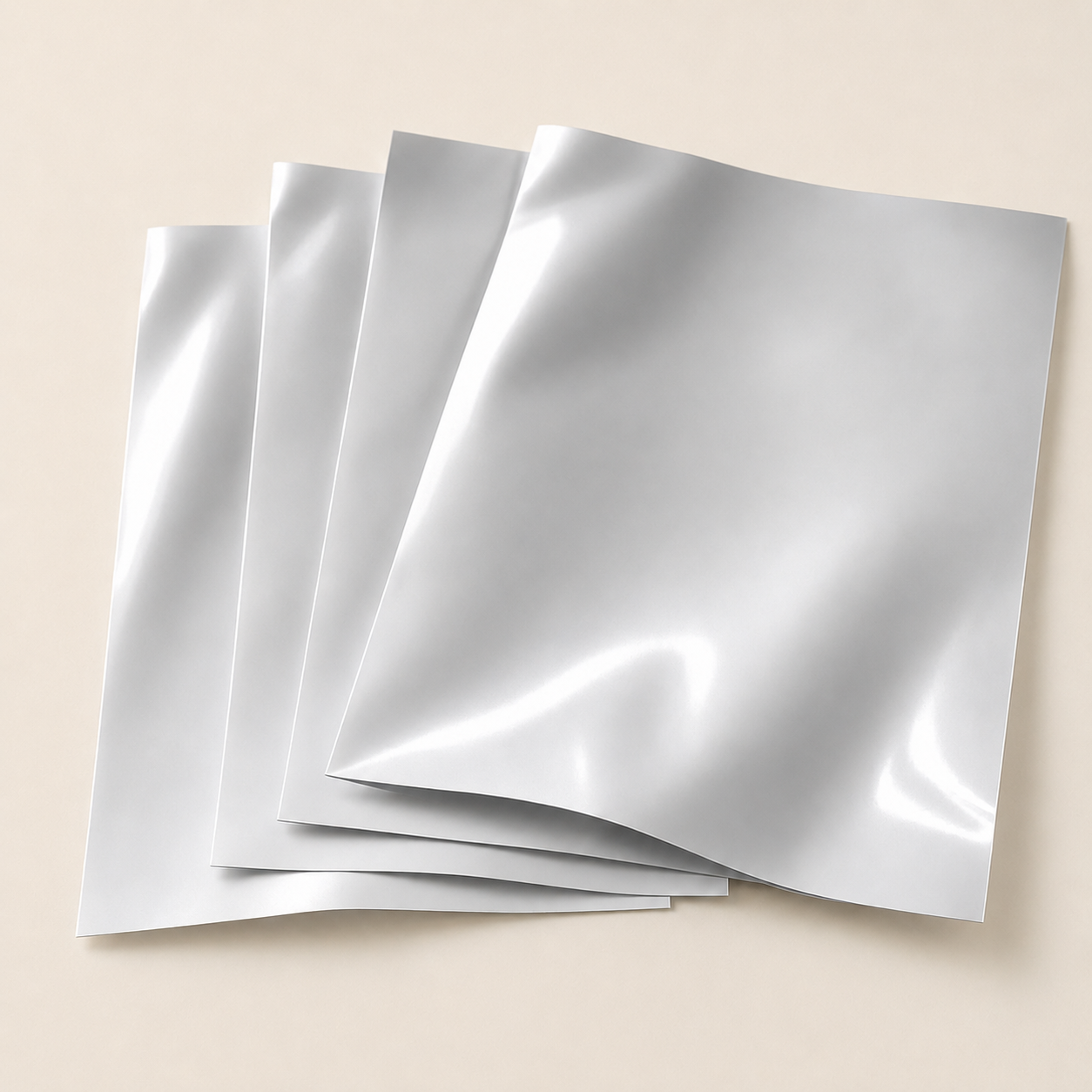Reflective silver metallized PET film sheets for barrier pouches.