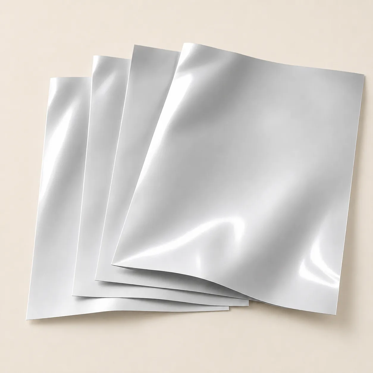 Reflective silver metallized PET film sheets for barrier pouches.