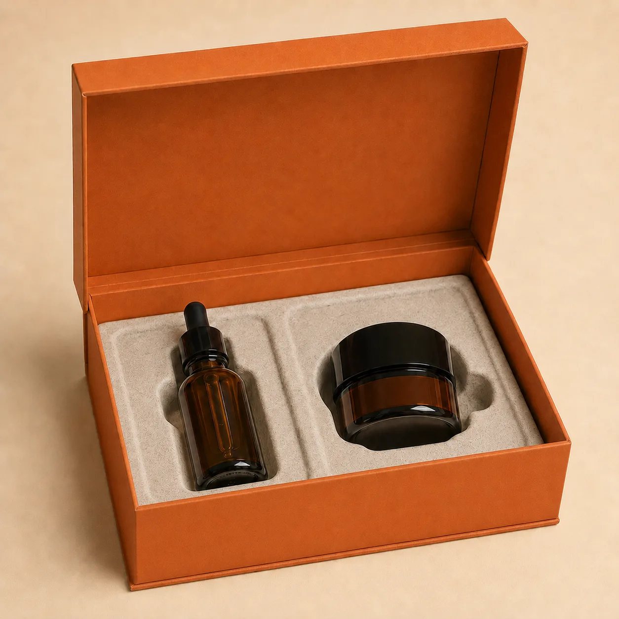 Molded pulp insert securing an amber bottle and cosmetic jar.