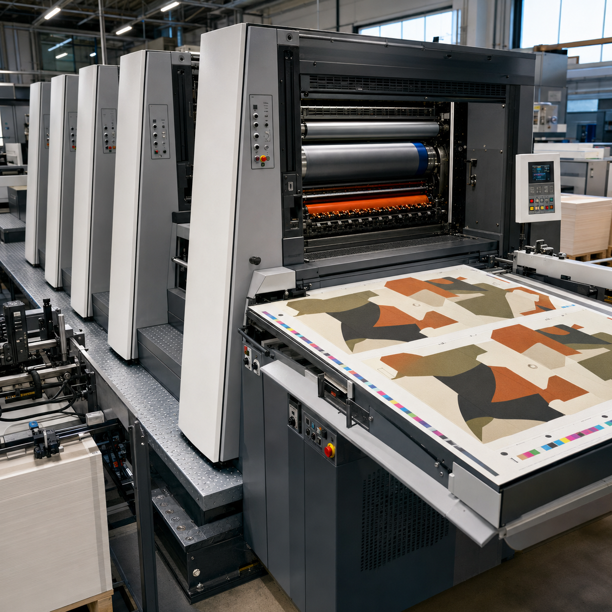 Industrial sheet-fed offset press printing custom packaging sheets
