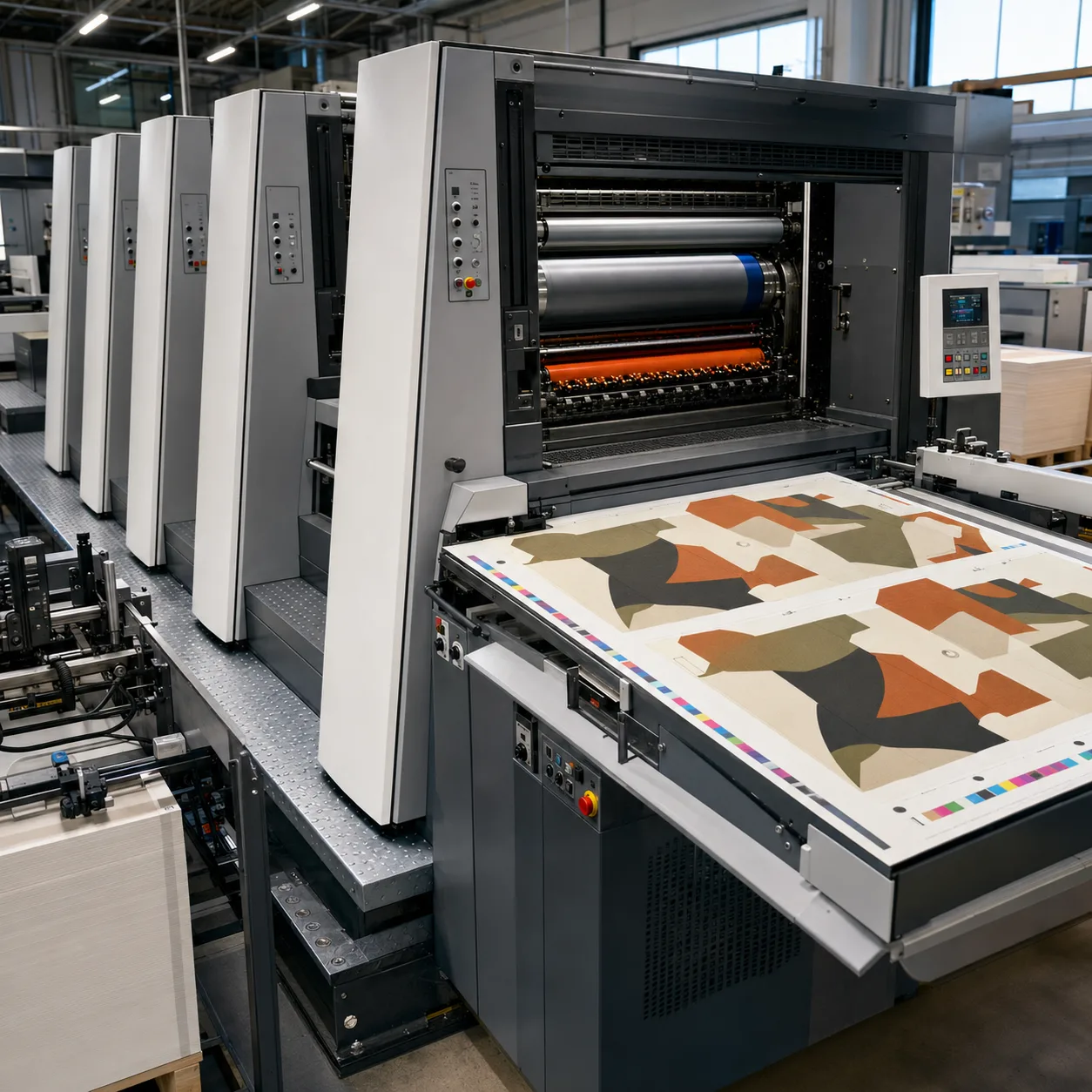 Industrial sheet-fed offset press printing custom packaging sheets
