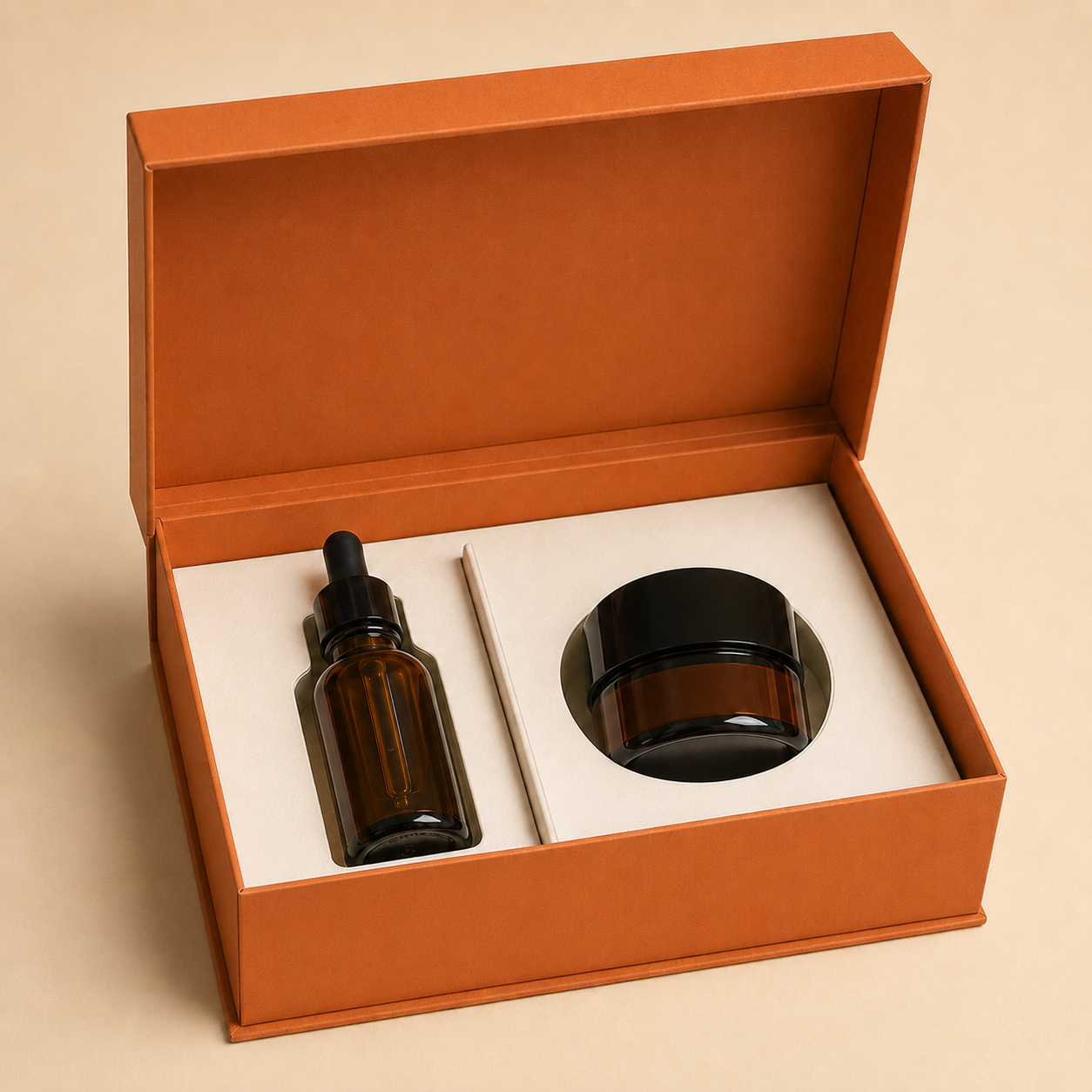 Die-cut paperboard insert holding an amber dropper bottle and cosmetic jar.