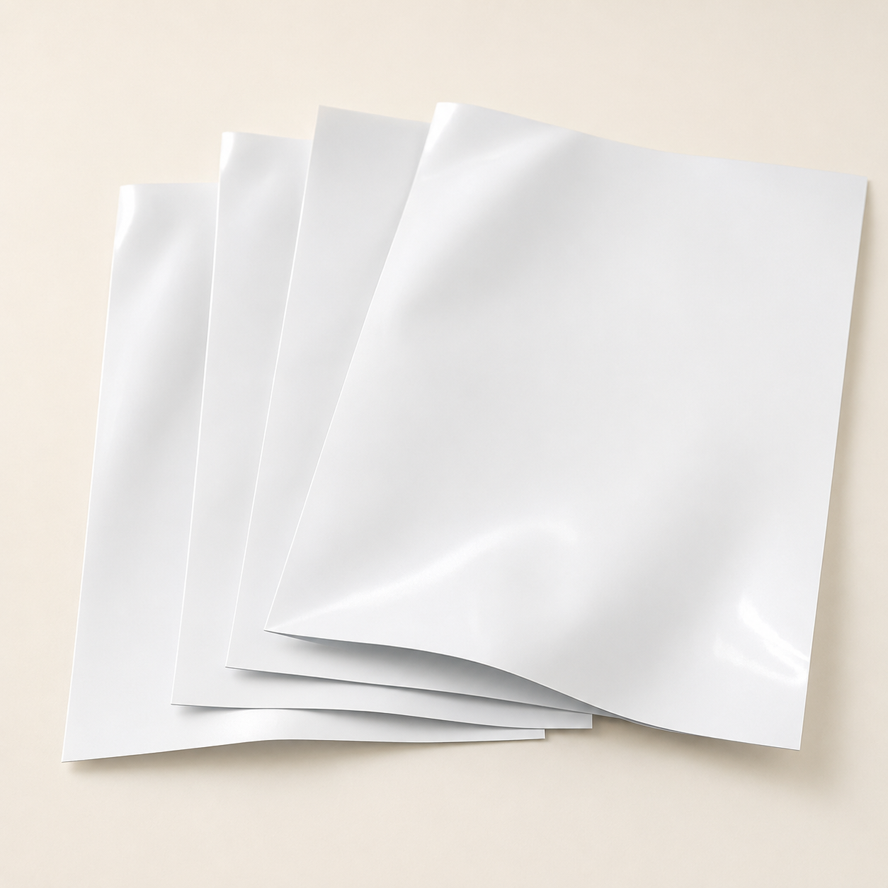 Thin white PET film sheets for custom Mylar bag packaging.