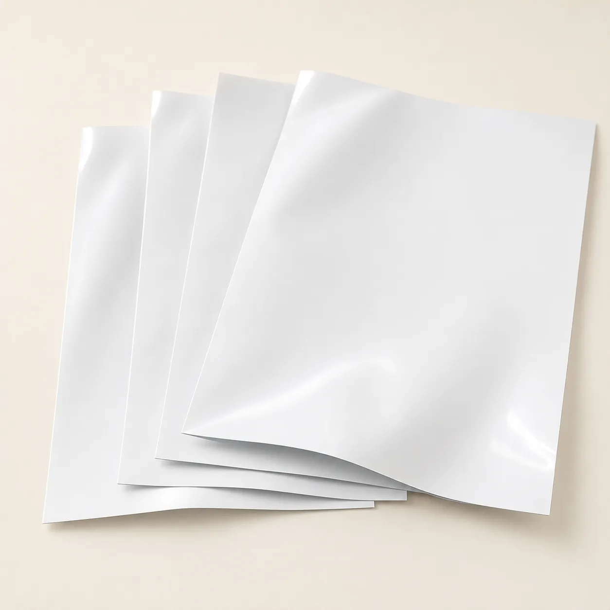 Thin white PET film sheets for custom Mylar bag packaging.