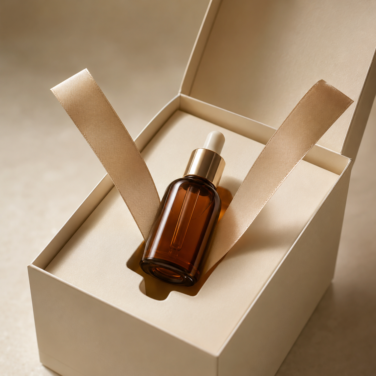 Satin ribbon lifting an amber bottle from a fitted box insert.