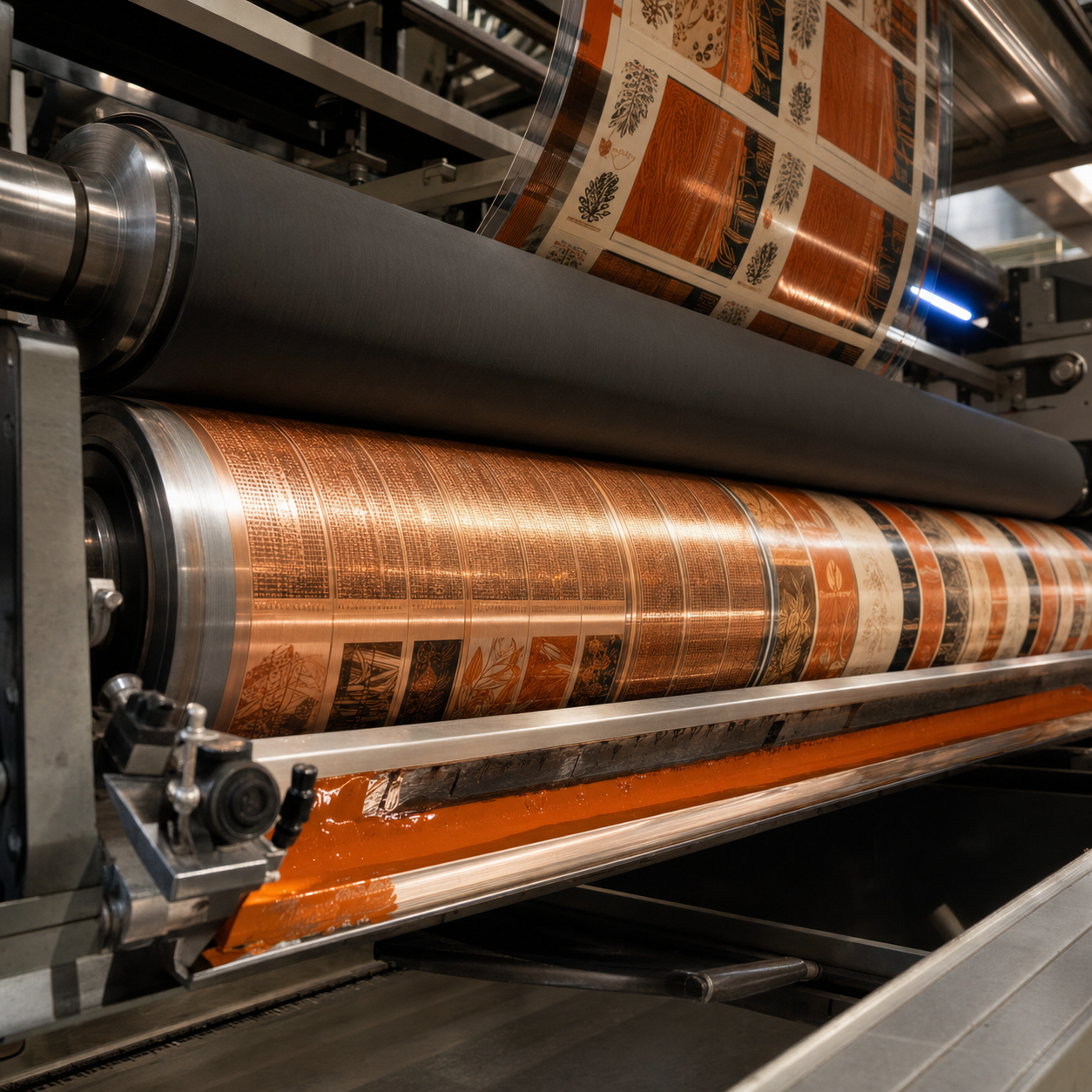Rotogravure press printing detailed packaging graphics with an engraved copper cylinder.