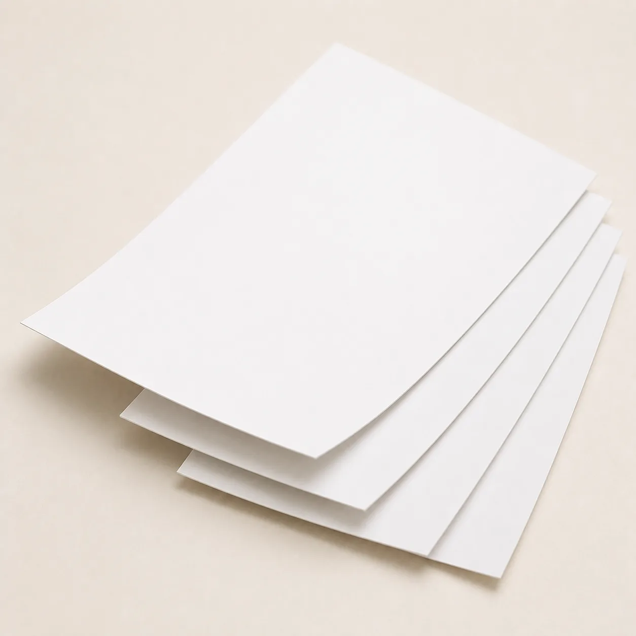 Thin white SBS paperboard sheets for printed tuck box packaging.