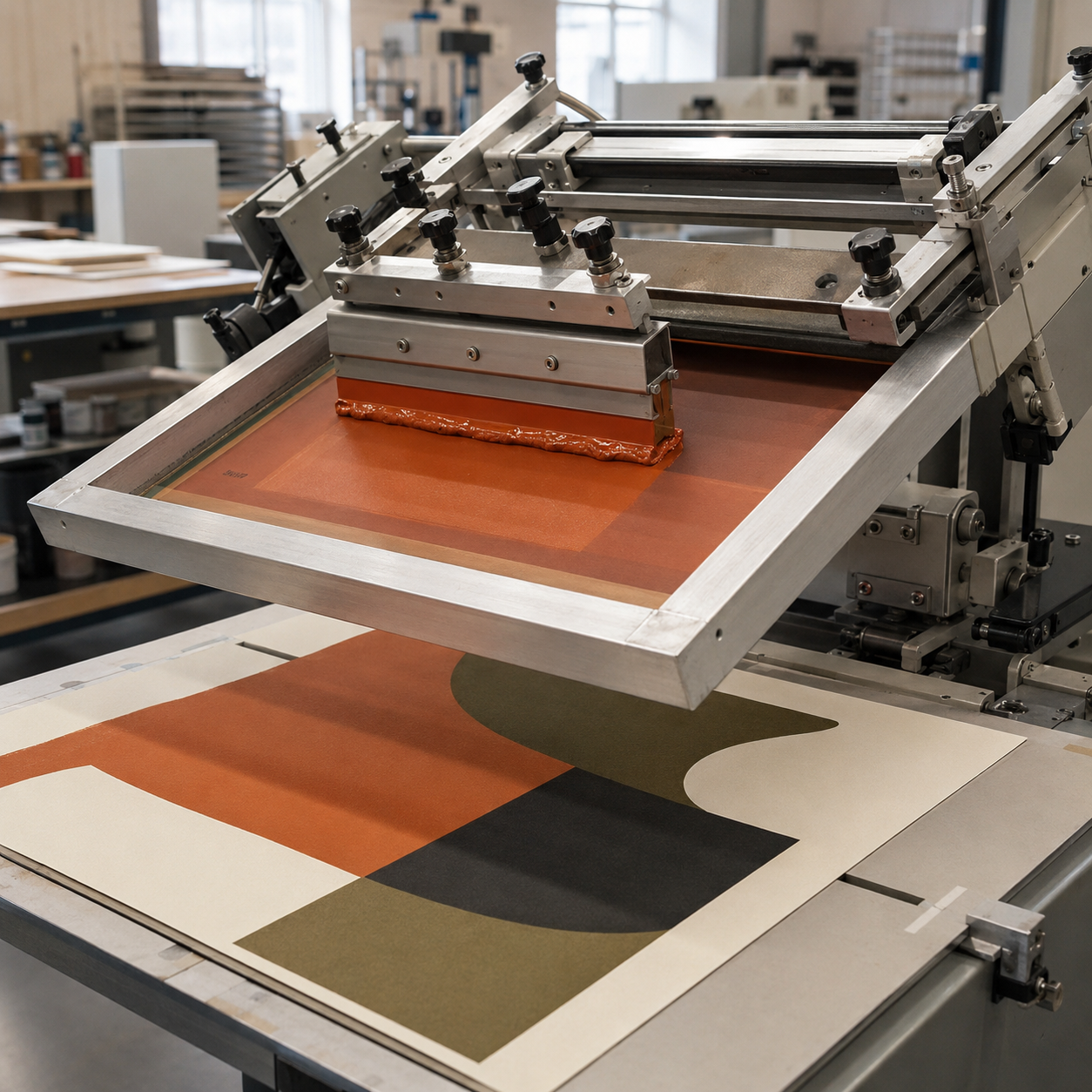 Screen-printing press applying ink through mesh onto packaging board