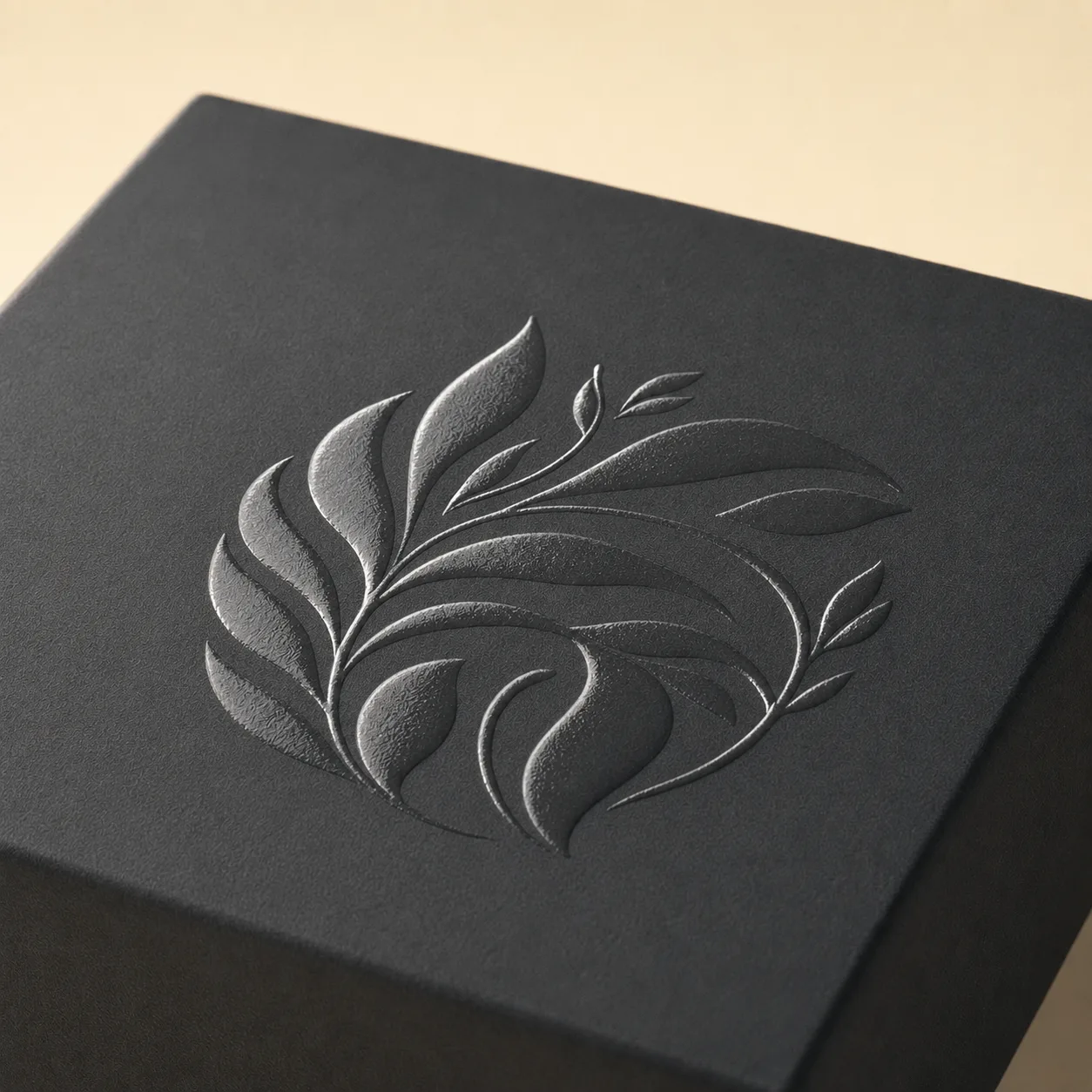 Glossy spot UV design against a matte black packaging surface.
