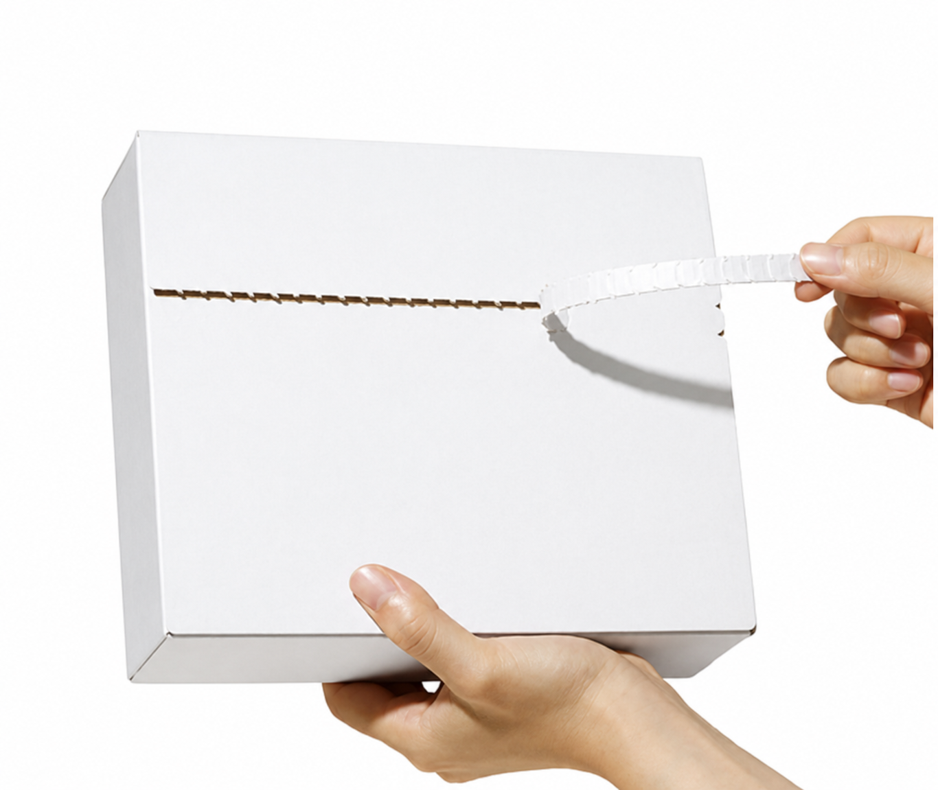 White corrugated box with a perforated tear strip pulled halfway open.