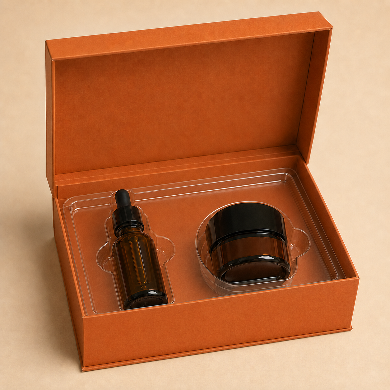 Clear thermoformed plastic insert fitted around two cosmetic products.