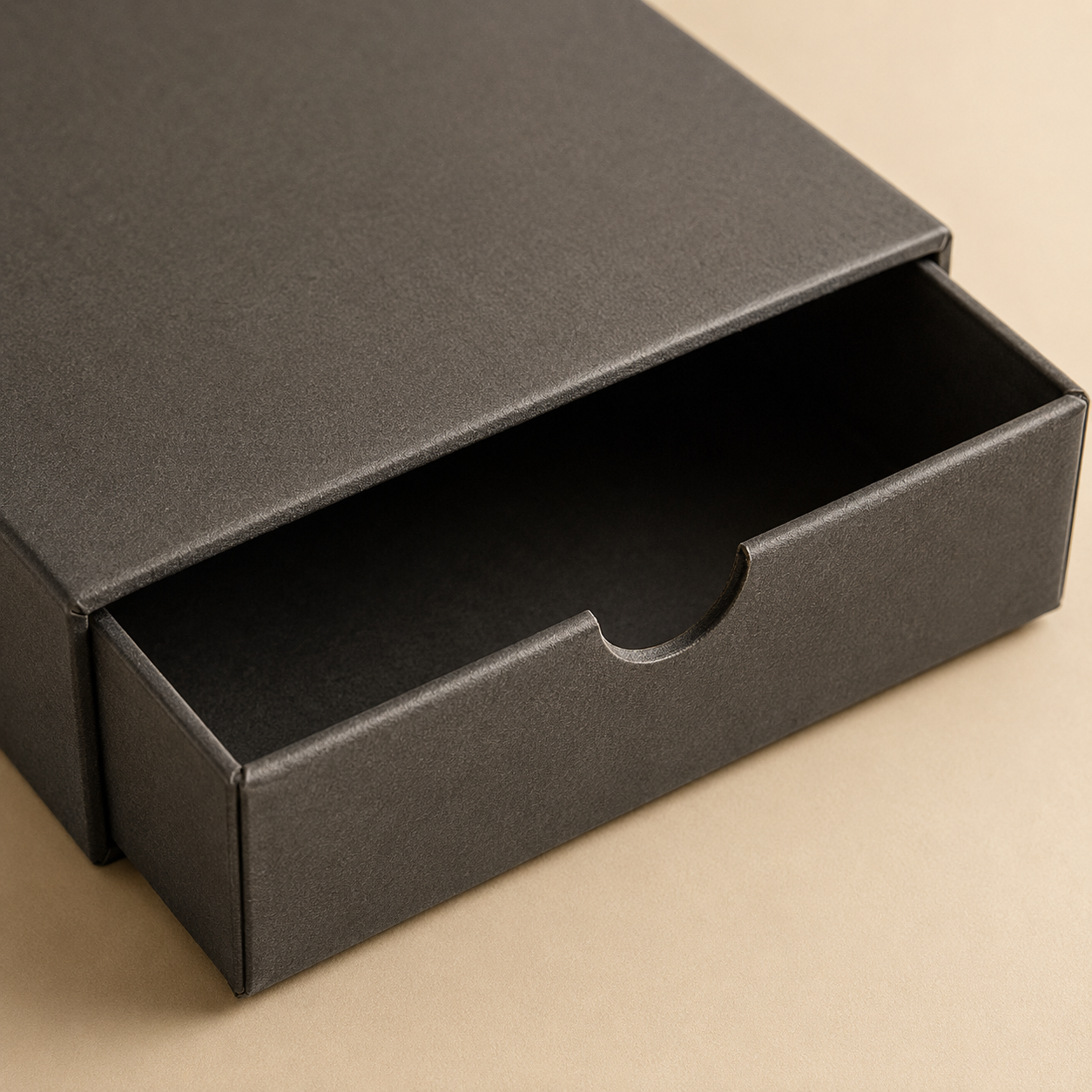 Drawer-style rigid box with a semicircular finger notch.
