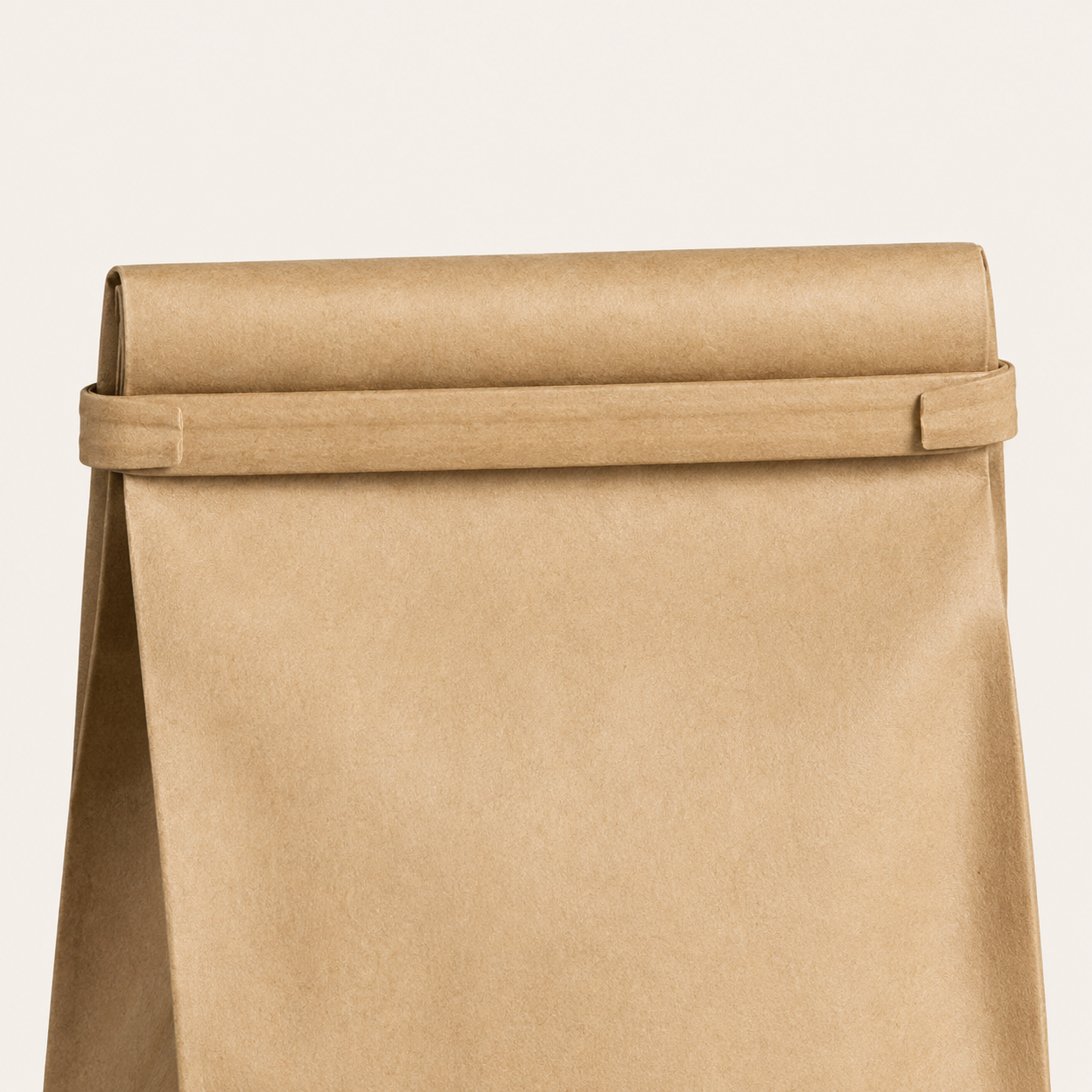 Kraft paper bag secured with a reusable fold-over tin-tie closure.
