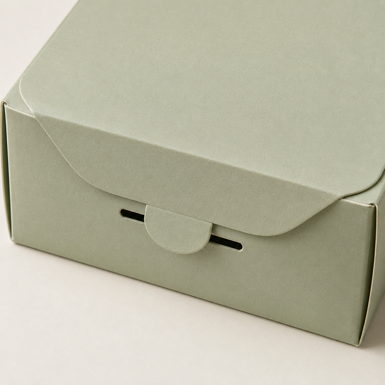 Paperboard box with a locking tab inserted into the front slot.