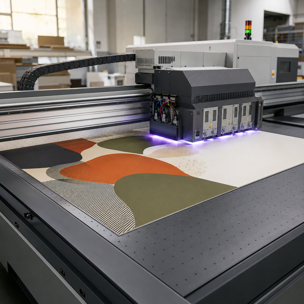 Flatbed UV printer curing ink directly onto packaging board